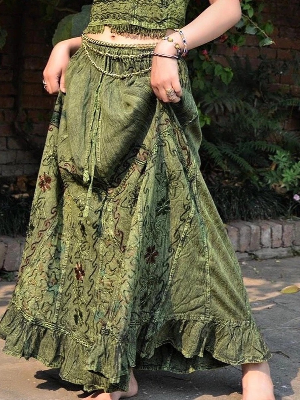 PuzzleStack Green Embroidered Boho Maxi Skirt Rayon L